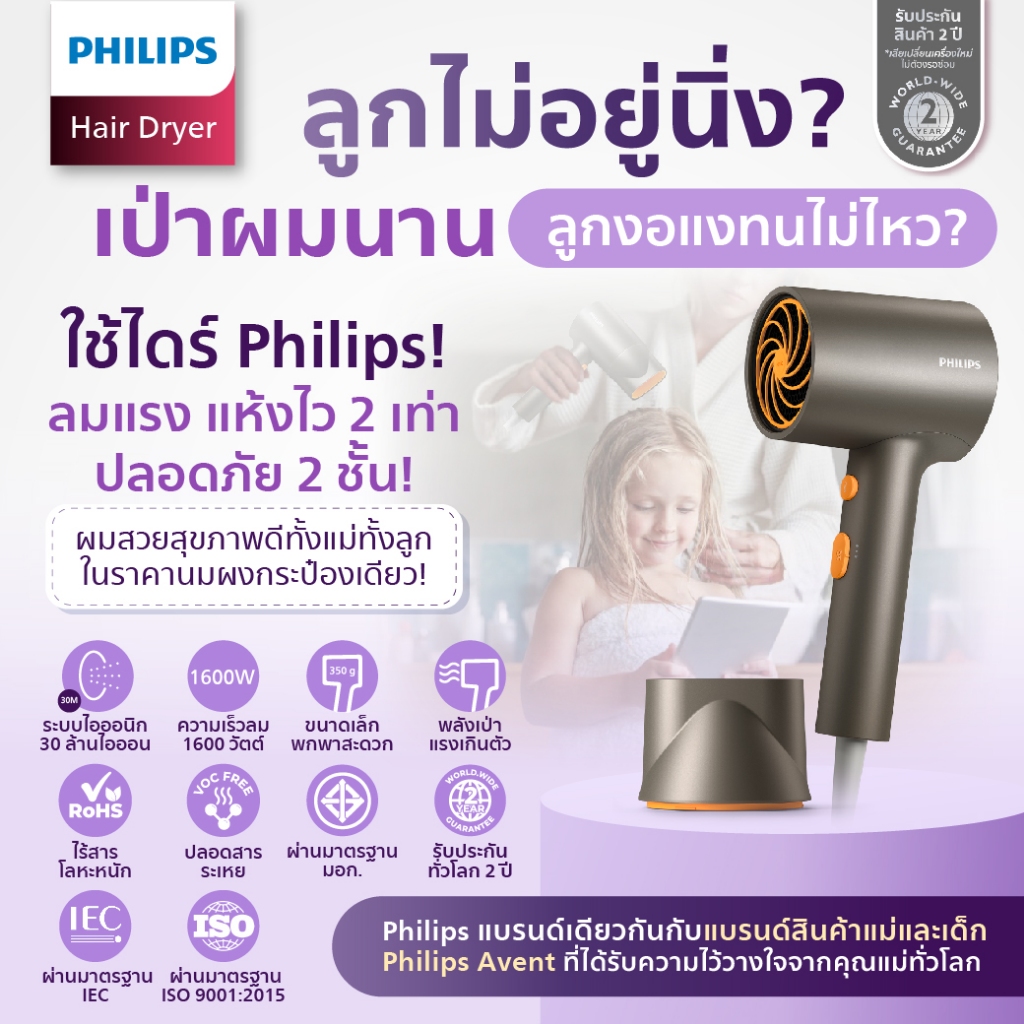 (มีมอก.)Philips ไดร์เป่าผมที่คุณแม่วางใจ น้ำหนักเบา ลมแรง แห้งไว2เท่า ปลอดภัย2ชั