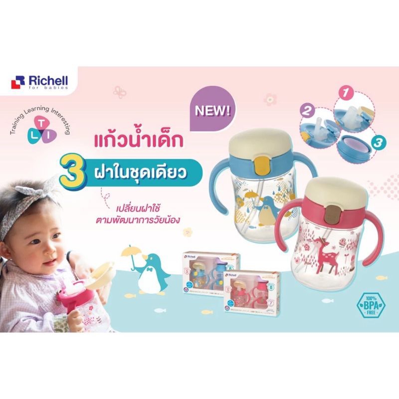Setสุดคุ้ม !! Richell TLI Step Up Baby Cup Set ริเชล ชุดเซ็ตแก้วหัดดื่มรุ่น TLI พร้อมฝาปิด 3 Step