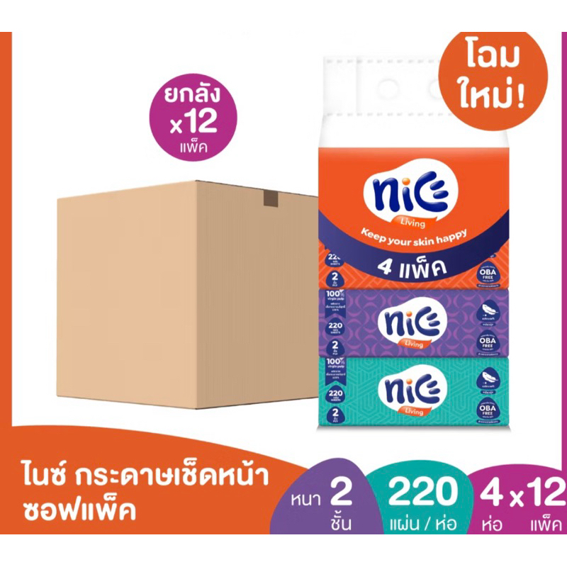 (ขายดี! ยกลัง 48ห่อ) Nice ไนซ์ กระดาษเช็ดหน้า ซอฟแพ็ค 220แผ่น แพ็ค 4 ห่อ (ทิชชู่ กระดาษทิชชู่) ยกลัง