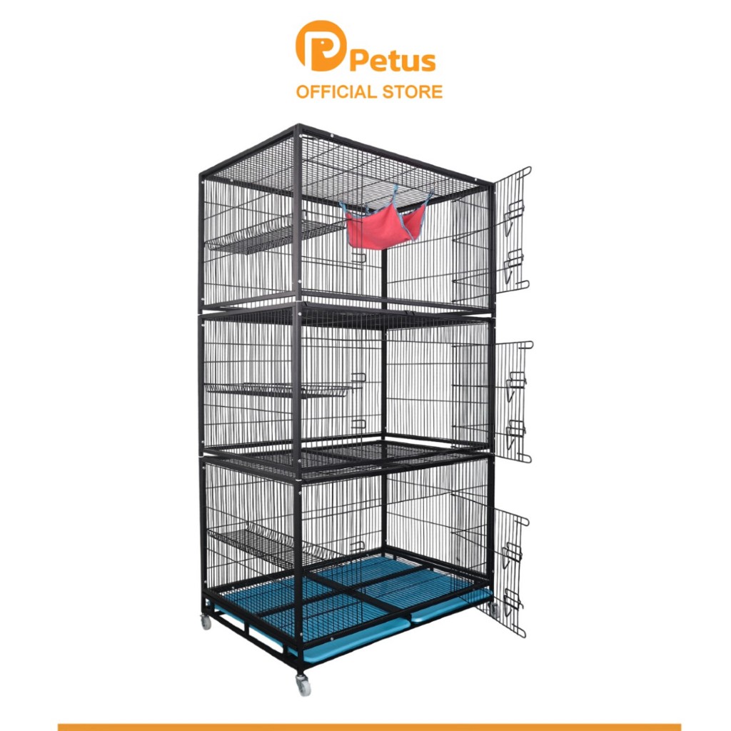 Petus【New กรงสีด้าน】กรงแมวขนาดใหญ่ ซี่ห่าง 2 ซม. กรงแมว 3 ชั้น  คอนโดแมว ขนาด 103x70x187 ซม. วัสดุแข