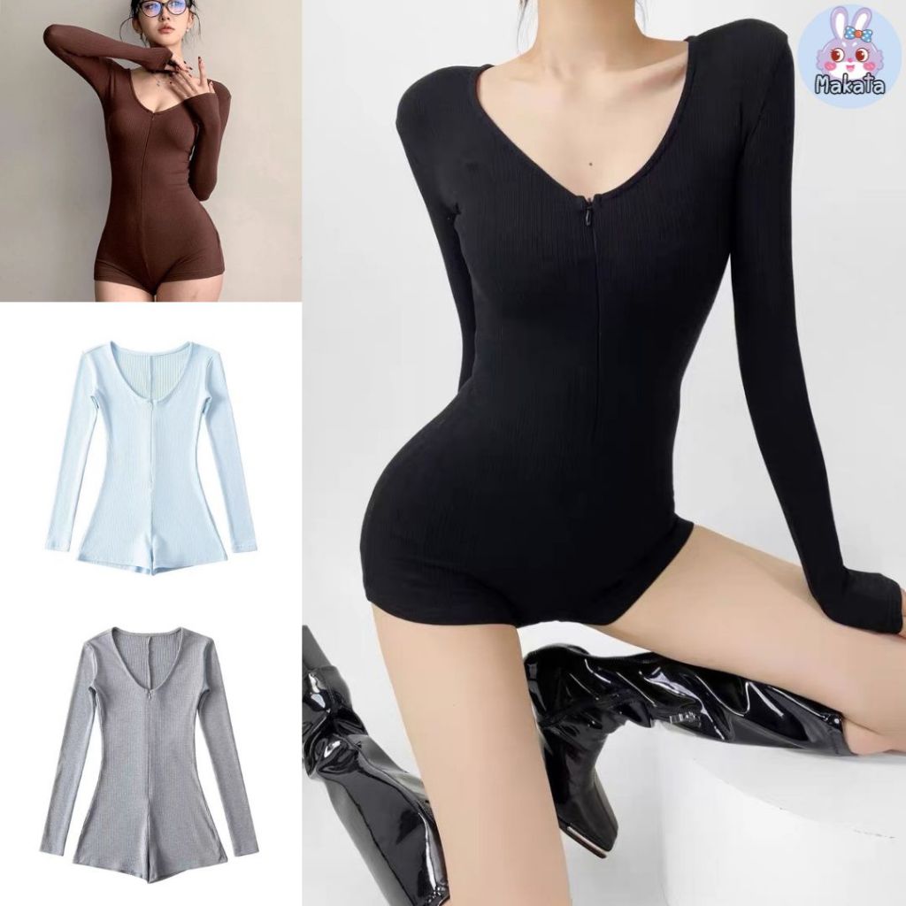 BDY-S13 บอดี้สูทแขนยาว แบบสวม รูดซิปด้านหน้า บอดี้สูทผู้หญิง น่ารัก ผ้านิ่มยืดใส่สบาย สินค้าพร้อมส่ง