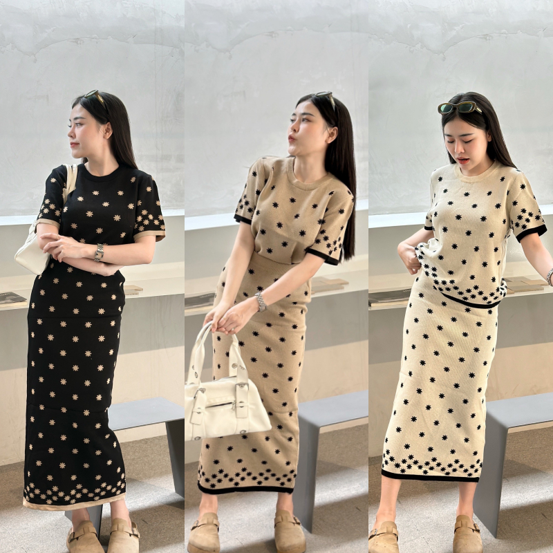 🌈SpinnyHouse🌈งานคู่ชุดเซ็ต 2 ชิ้น เสื้อคอกลมแขนสั้น + กระโปรงยาวทอลายน่ารัก งานผ้าไหมพรม ผ้ายืดตามตัว  รุ่น บุรีรัมย์