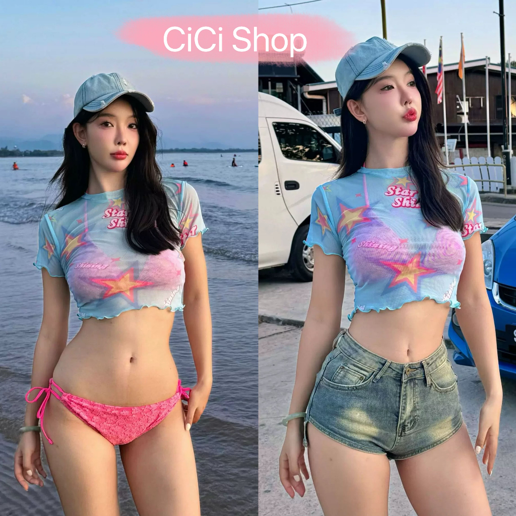 Cicishop(H8866) เสื้อครอปซีทรูสีสันสดใส พิมพ์ลาย Buling Stars ลายดาว ใส่สบาย ใส่ได้ 2 ด้าน