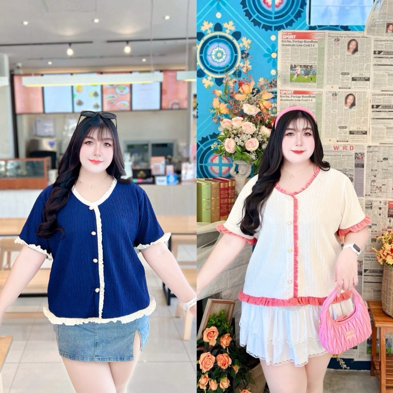 เสื้อแขนสั้นสาวอวบแต่งระบายกระดุมมุกอก52