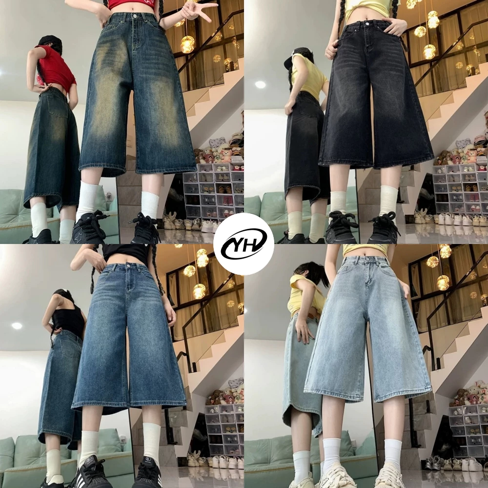 💥YH#D8125💥มีไซซ์ S-3XL💥กางเกงขากระบอก กางเกงยีนส์ขาสั้น ทรงหลวมขากว้าง เอวสูง สไตส์วินเทจ