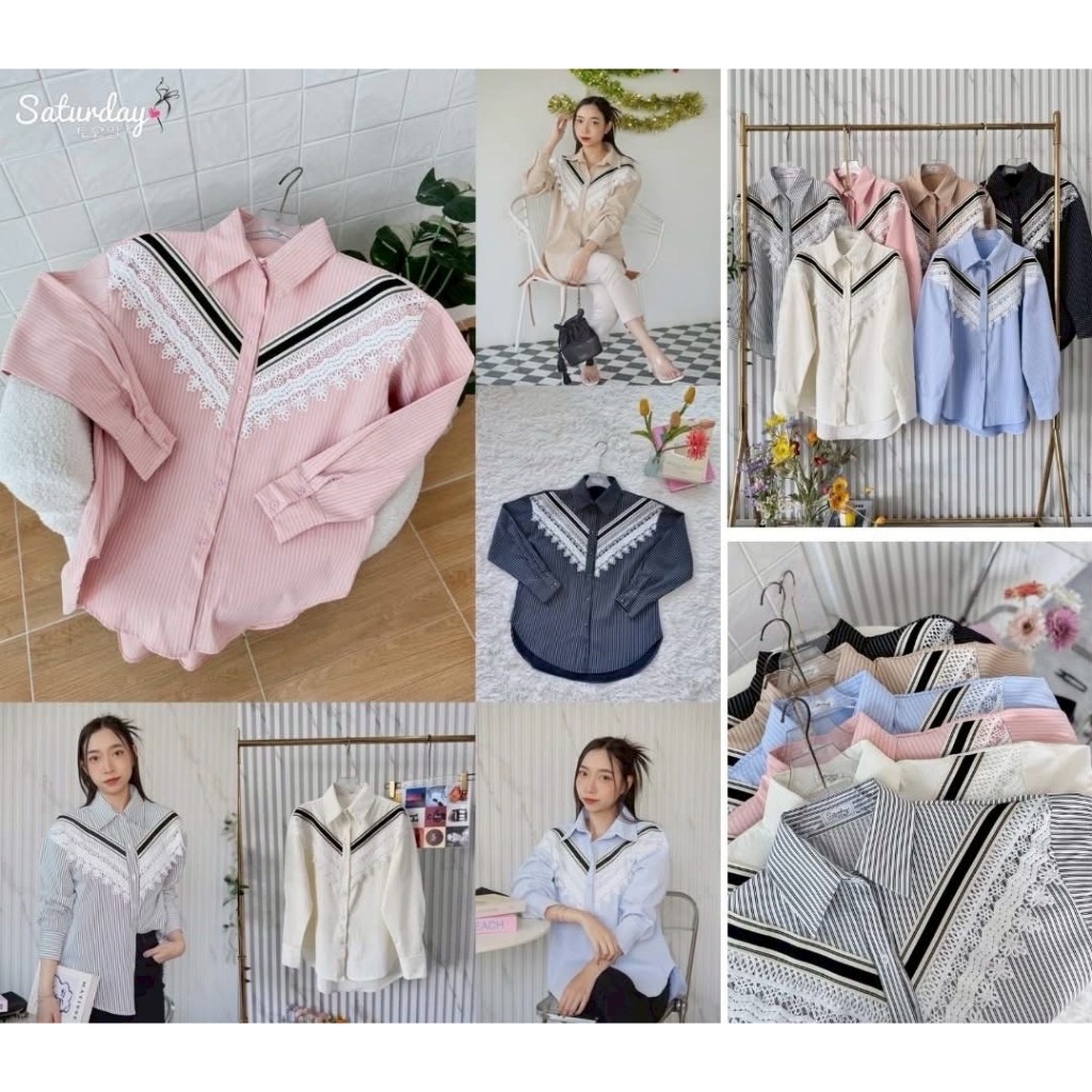 ป้าย Saturday เสื้อเชิ้ตคอปกผ้าริ้วแต่งแถบสีแต่งลูกไม้ อก 42 นิ้ว ยาว 26 นิ้ว