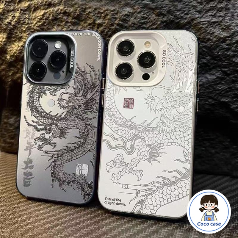 ￼สีดำหรูหราซิลิโคนแข็งกรณีโทรศัพท์  มังกรจีน for IPhone 13 15 7Plus 14 12 11 Pro MAX 8 6 7 6S Plus X XR XS