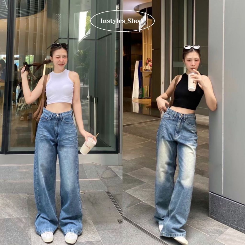Instyles_Shop - Thunder Jeans กางเกงยีนส์ขากระบอกใหญ่ Baggy Jeans แต่งเฝดหน้ายับหน้าสียีนส์ฟอก สาวเอ