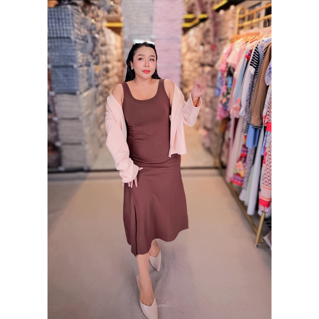 ชุดเดรสลำลอง,ชุดเซ็ท2ชิ้น สีน้ำตาลเข้ม แขนกุด คอกว้าง ผ้าคอตตอน (Cotton) ความยาวเดรส42 เสื้อ24