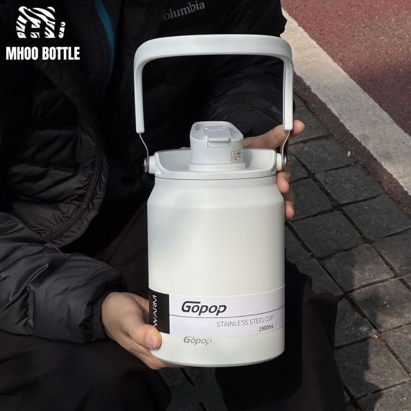 กระบอกน้ำเก็บความเย็นและร้อง กระติกน้ำเย็นขนาด1900ml สแตนเลส304 พร้อมหูหิ้ว+หลอด