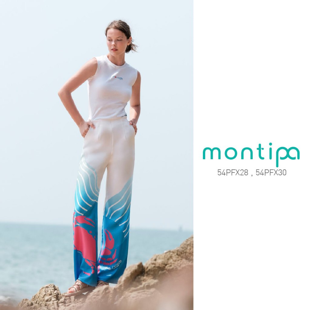 Montipa กางเกงทรงกระบอก ซิปข้าง ลาย summer beach ผ้าทวิล import 54PFX28/54PFX30