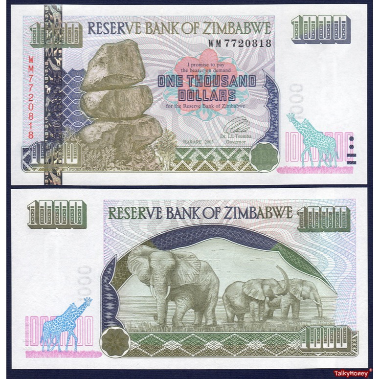 ธนบัตร ซิมบับเว Zimbabwe 1000 ดอลลาร์ ปี 2003 ช้างแอฟริกัน P-12 ใหม่เอี่ยม ไม่ผ่านใช้ แบงค์สะสม ที่ระลึก