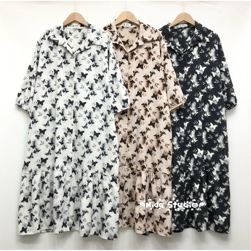 เดรสคอปกแขนสามส่วน ปลายแขนพอง ผ้าไหมอิตาลีกระดุมผ่าหน้า ลายผีเสื้อ ไซส์ใหญ่