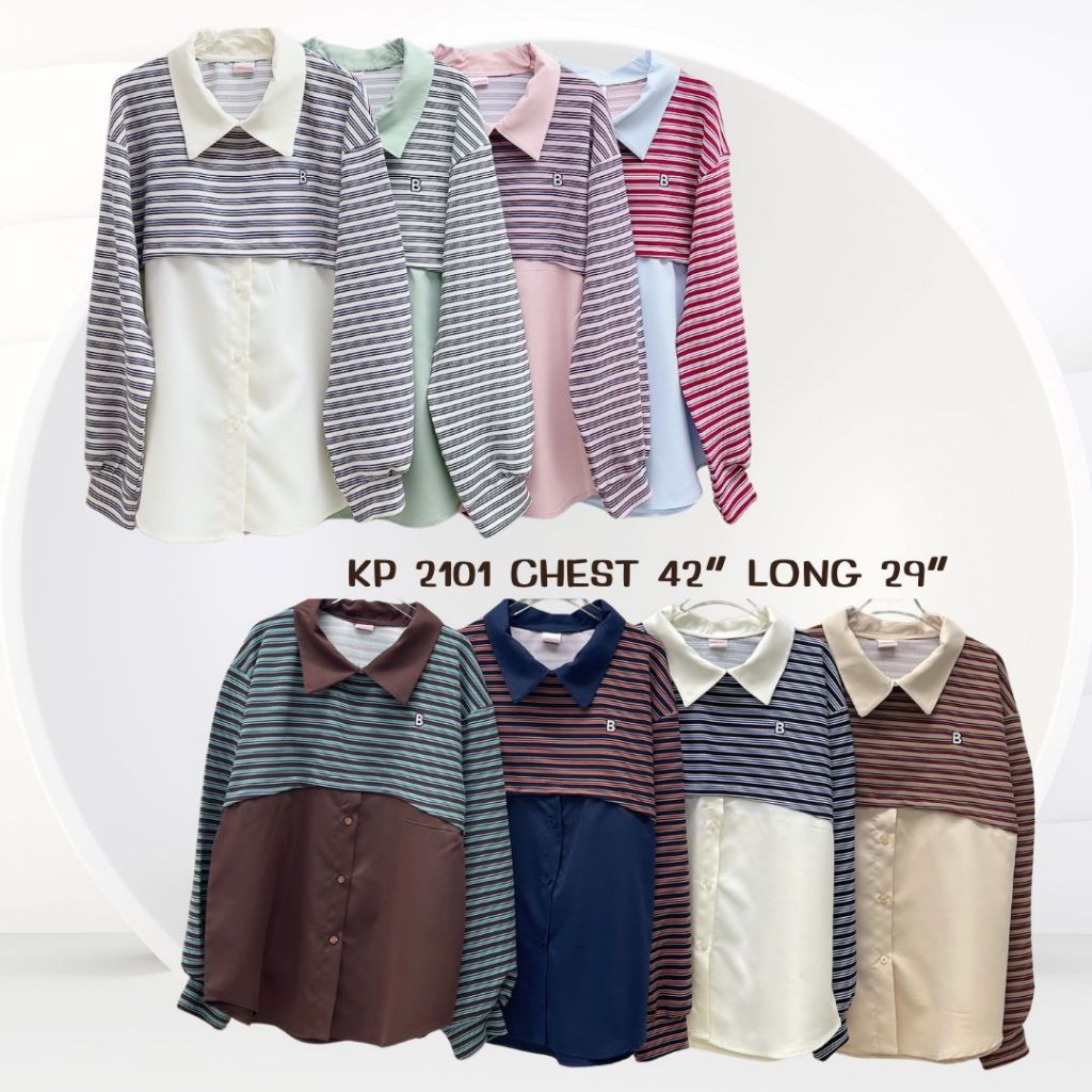 เสื้อเชิ้ตแขนยาวแต่งผ้าริ้วปักอักษรBสุดคิ้ววท์ใส่แล้วโคเรียสุดๆ จะแมทช์ลุคไหนๆก็รอดนะจ๊ะสาวๆ 2101