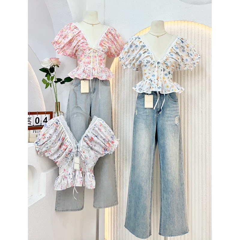 NN654 เสื้อคอวีลูกไม้ แขนตุ๊กตา Peekanong🌷