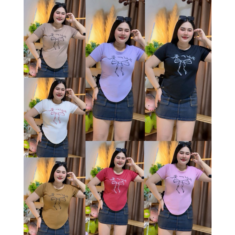 เสื้อสาวอวบ  อก34-44  สกรีนรูปโบว์น่ารัก เอวเว้าตัวยู พรางหุ่นสาวอวบใส่แล้วมีเอว  (A63) – โปรปัง
