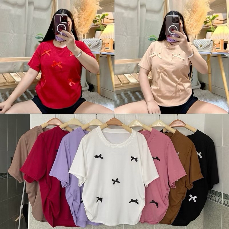 เสื้อสาวอวบ 🎊อก36-46🎊 ติดโบว์เวียดนามน่ารัก เอวย่นข้างรูปตัวยู เนื้ิอผ้าร่องไหมพรมเล็กใส่สบาย  (A66)