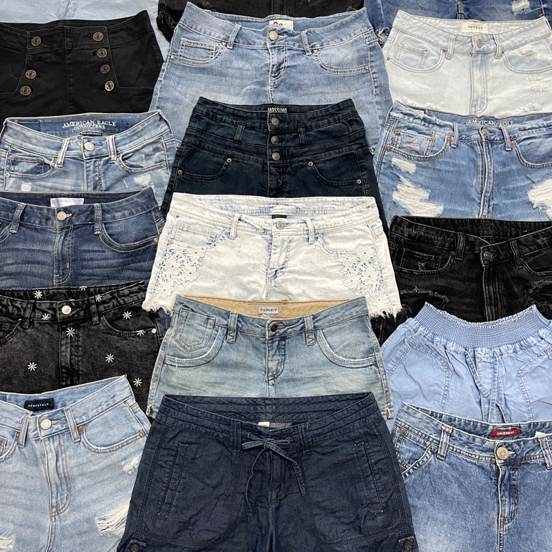 กางเกงขาสั้นยีนส์ผ้า-spandex-linenรวมเอวสูง เอวต่ำus