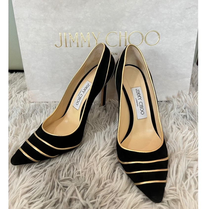 (มือ 2) รองเท้าส้นสูง Jimmy Choo Black/Gold Suede and Leather Trim Romy Pointed Toe Pumps Size 36