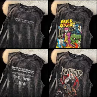Y-T【จัดส่งจากกรุงเทพฯ】🏖️เสื้อแขนกุด น้ำยาฟอกขาว ผ้าฝ้าย100% tanktop สวมใส่สบาย คอกลม สกรีนลาย สไตล์ย้อนยุค