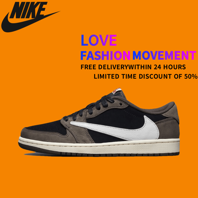 🛒ของแท้ 100%🛒Travis Scott x Jordan Air Jordan 1 ยูนิเซ็กส์ ทรงเตี้ย สีน้ำตาลเข้ม หนังกลับแยกชิ้น