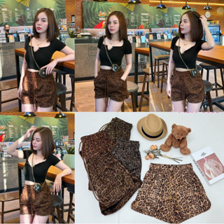 รหัส3638กางเกงขาสั้นลายเสื้อเอวสูงผ้าสักหลาดนิ่มยืดรุ่นแต่งเ…