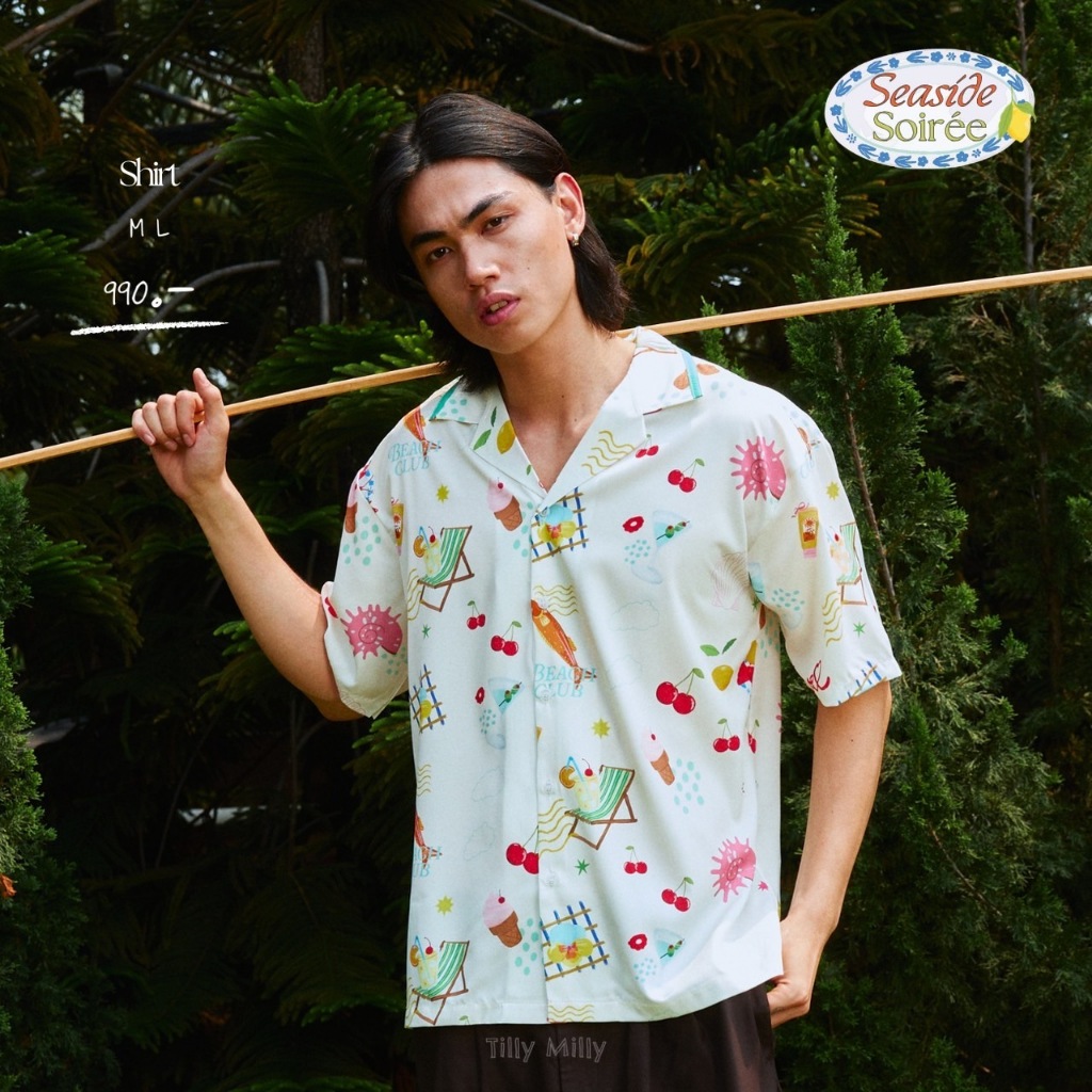 Tilly Milly เสื้อเชิ้ตผู้ชายลายกุ้ง ( สีครีม ) - Seaside Soirée - drop 2