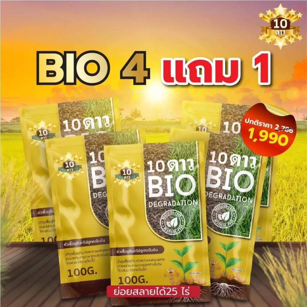 10 ดาว BIO หัวเชื้อจุลินทรีย์ สูตรเข้มข้น ย่อยสลายฟาง ข้าวดีด ข้าวเด้ง ขนาด 100 กรัม 5 ซอง