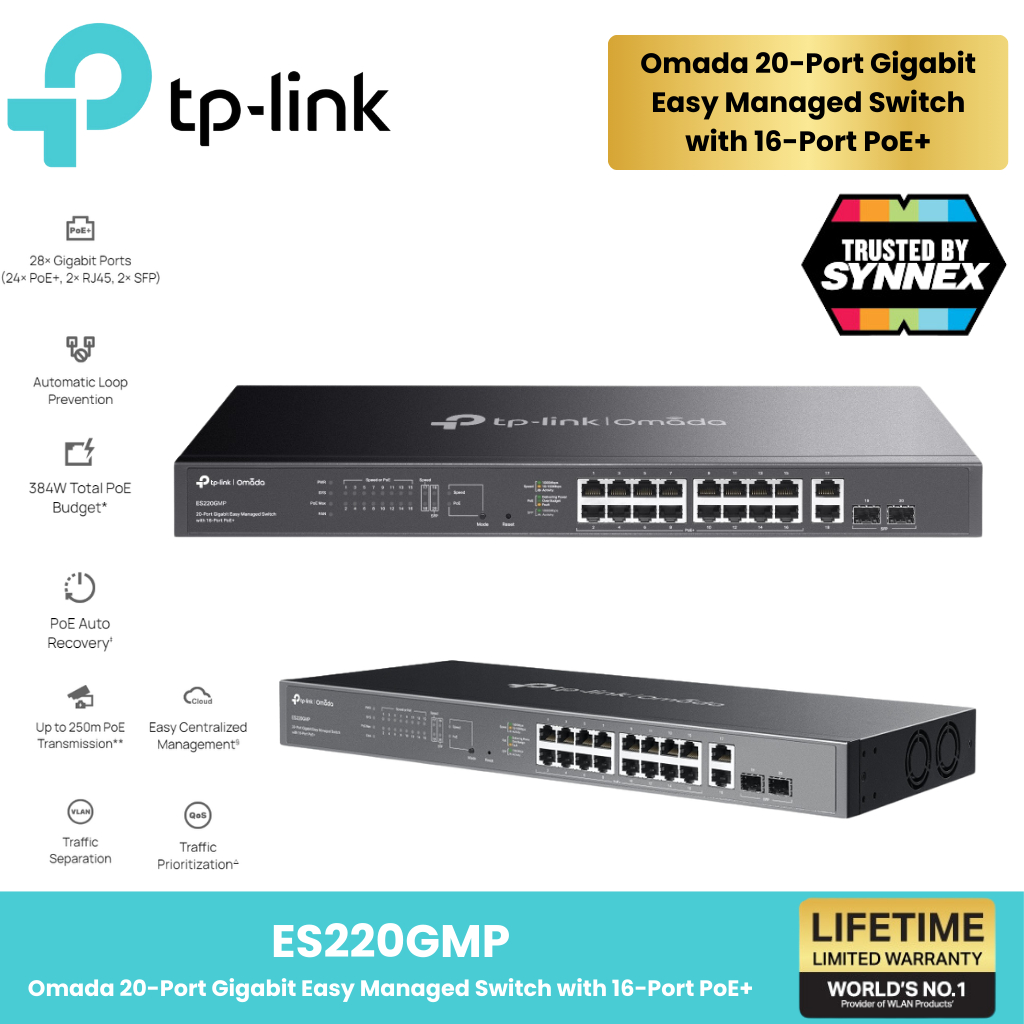 TP-Link  ⚡️สวิตช์ฮับ POE⚡️ES220GMP Omada 20-Port Gigabit Easy Managed Switch with 16-Port PoE+