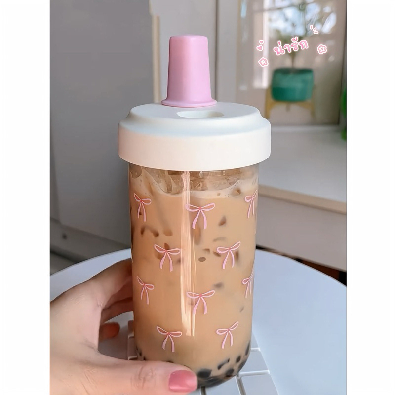 ส่งจากไทย แก้วน้ำ แก้วกาแฟ 500 ml (โบว์ลายเล็ก) สกรีนรูปโบว์ น่ารัก มินิมอล ผู้หญิง ของขวัญ