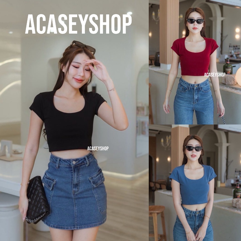 Acasey เสื้อยืดผู้หญิง แขนสั้น เสื้อครอป เนื้อผ้า cotton ดีเทลคอยู ทรงสวย T311 อก 38นิ้ว