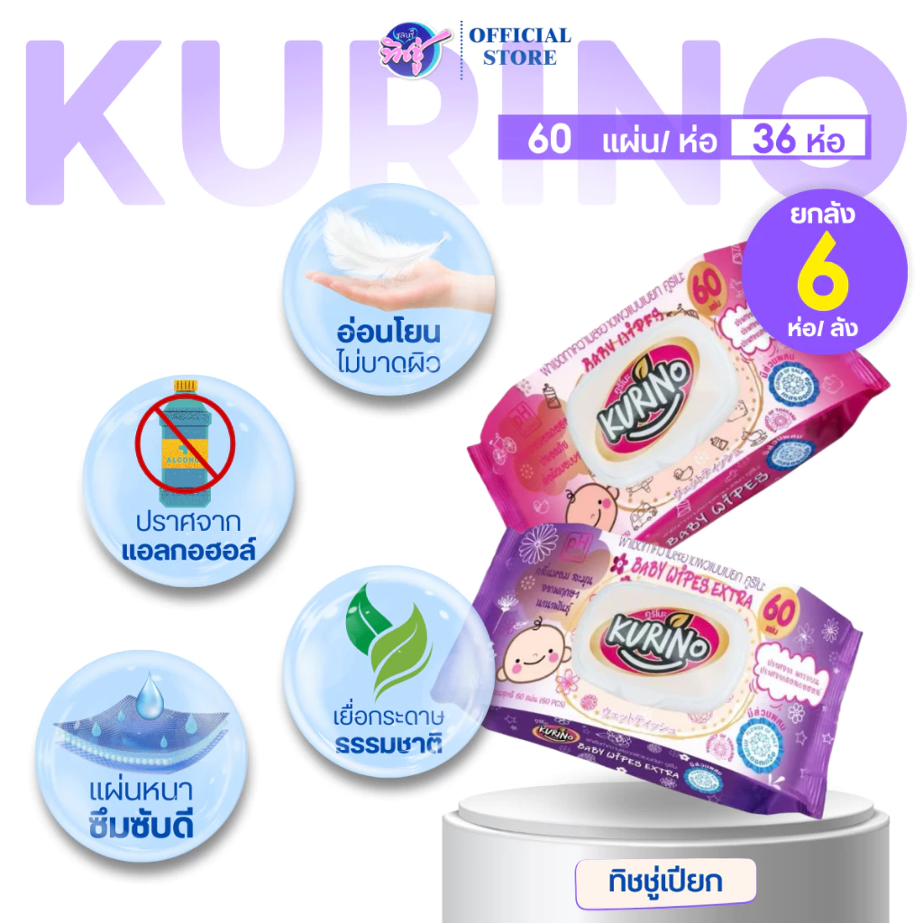 [ยกลัง] KURINO คุริโนะ กระดาษทิชชู่เปียก ลัง 36 ห่อ บรรจุห่อละ 60 แผ่น สูตรอ่อนโยน สำหรับเด็ก