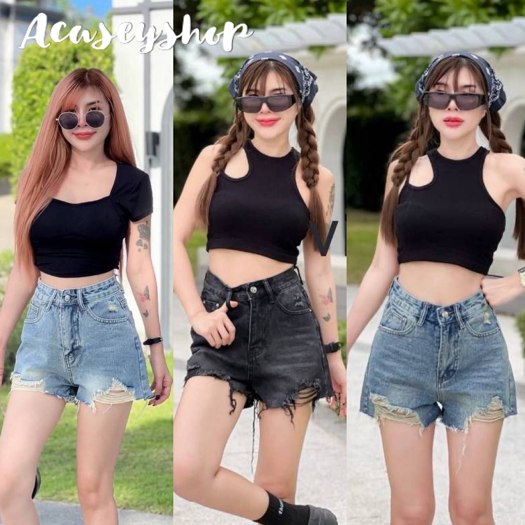 Acasey กางเกงยีนส์ผู้หญิง ขาสั้น ทรงสวย ดีเทลขาดนิดๆ เท่แบบมีสไตล์