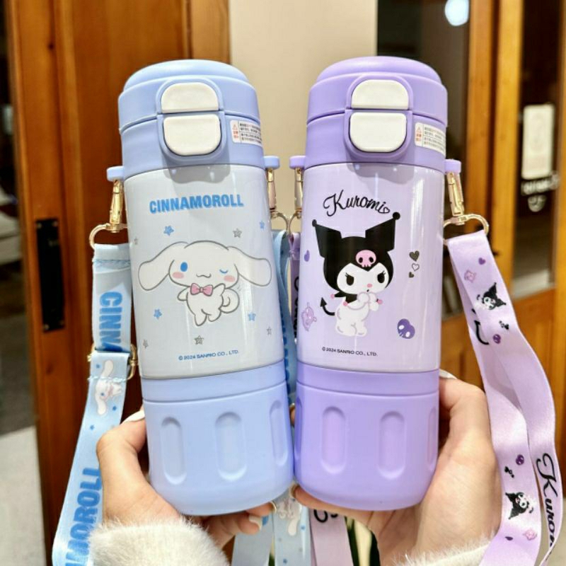 พร้อมส่งในไทย ขวดน้ำเก็บอุณหภูมิลาย Sanrio เป็นสแตนเลส 316 เก็บร้อน/เย็นได้ดีมาก มีทังหลอดดูดและกระดกดื่มและมีสายคล้องคอ