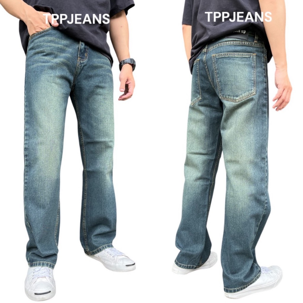 JEANSEXPRESS Classic Straight Denim กางเกงยีนส์ชาย สีบลูฟอกสนิมเขียว ทรงกระบอก ใส่สบาย เป้าซิป Size 28-36 รับชำระปลายทาง