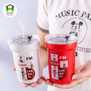 แก้วเก็บความเย็น กระติกน้ำร้อน แก้วกาแฟ เซรามิกส์ พร้อมหลอดดูด กระติกเก็บความเย็น ความจุขนาดใหญ่ 350ml