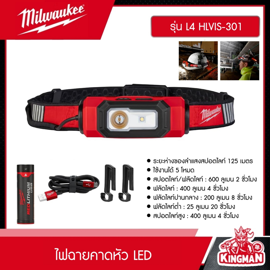 Milwaukee ไฟฉายคาดหัว แอลอีดี รุ่น L4 HLVIS-301 ไฟฉาย LED ไฟฉายคาดศีรษะ สายคาดสะท้อนแสง แบบชาร์จ มิว