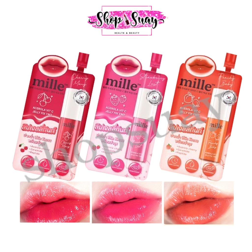 ** 1 ซอง **   Mille Acerola Vit C Jelly Fix Tint 3 g. มิลเล่ ลิปเจลลี่ ทินท์ปากฉ่ำ มี 3 สี ให้เลือก #แบบซอง