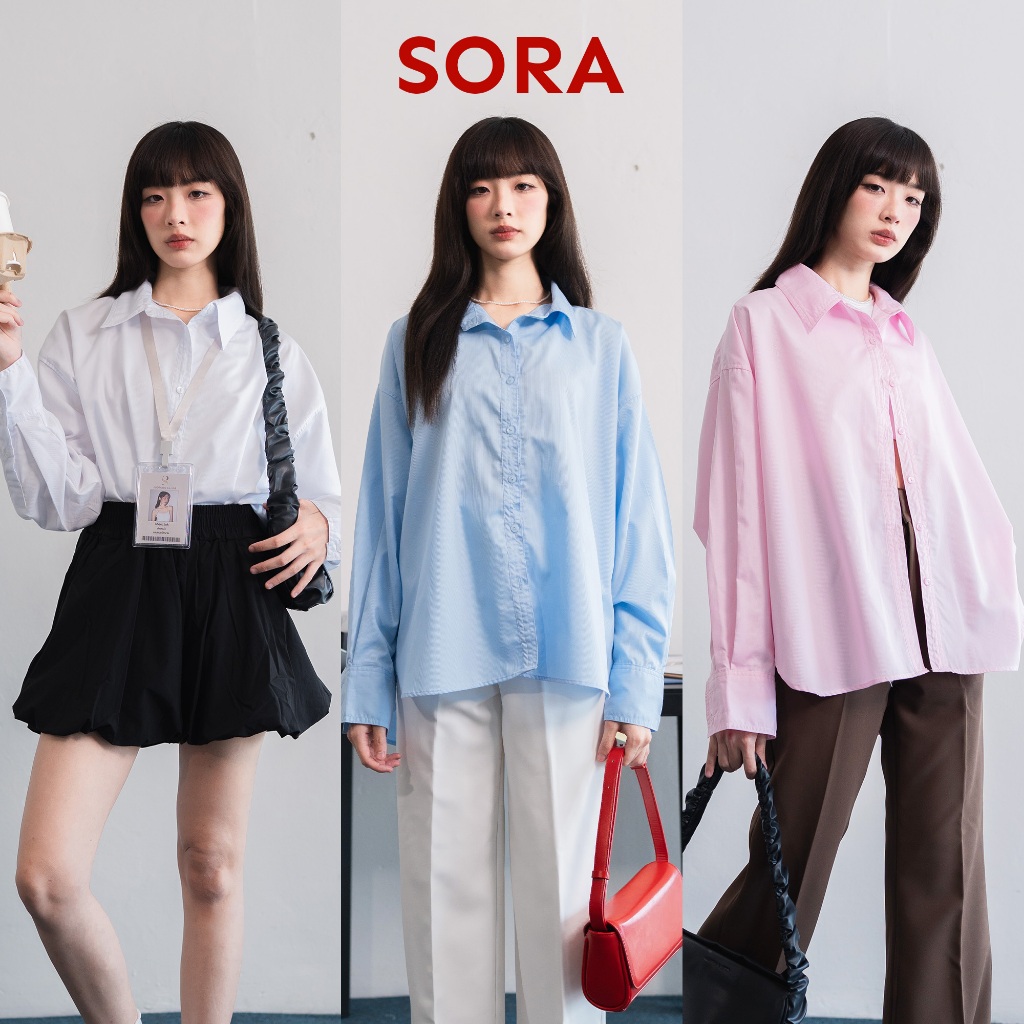 Sora_Sp082 เสื้อเชิ้ตผู้หญิงทรงโอเวอร์ไซส์ ไหล่ตก ผ้านิ่ม ใส่สบาย ใส่ทำงาน/เที่ยว