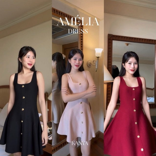 KANYA - AMÉLIA DRESS[7984] เดรสไหมพรม ดีเทลกระดุมสีทอง (8J-8K) / (16H-16I)