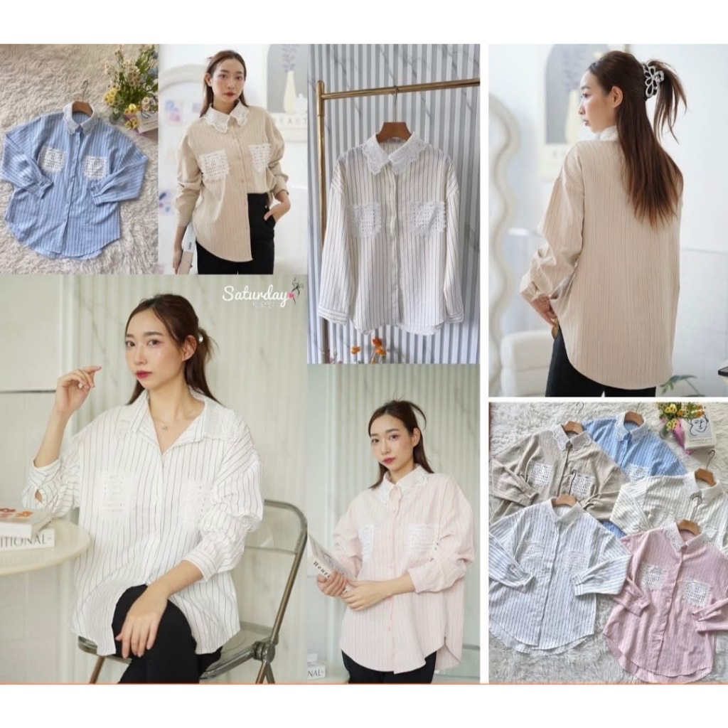 ป้าย Saturday เสื้อเชิ้ตผ้าริ้ว มีกลิตเตอร์วิ้ง ๆ ผ้าคอตตอนญุี่ปุ่น อก 42 นิ้ว ยาว 26 นิ้ว