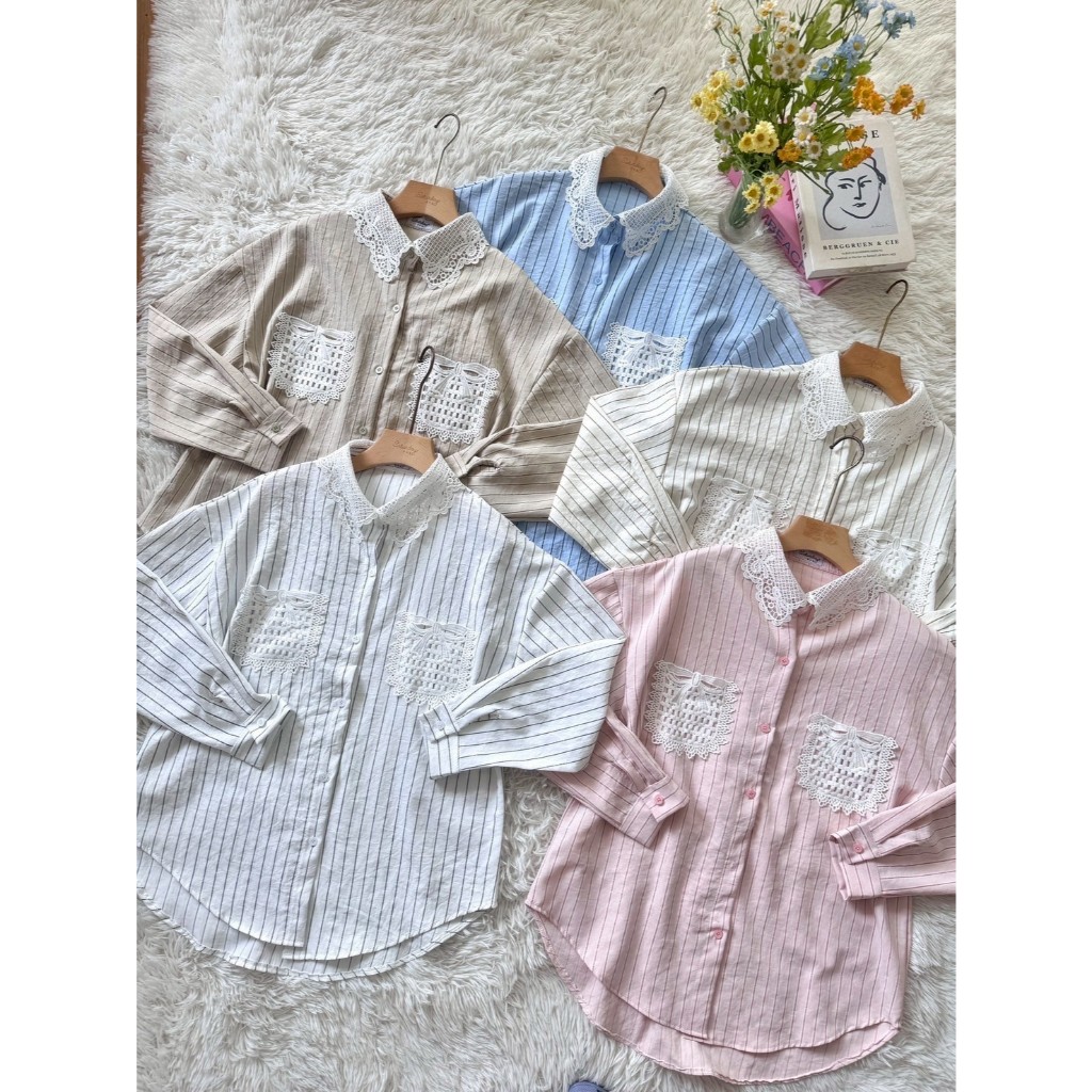 ป้าย Saturday เสื้อเชิ้ตผ้าริ้ว มีกลิตเตอร์วิ้ง ๆ ผ้าคอตตอนญุี่ปุ่น อก 42 นิ้ว ยาว 26 นิ้ว