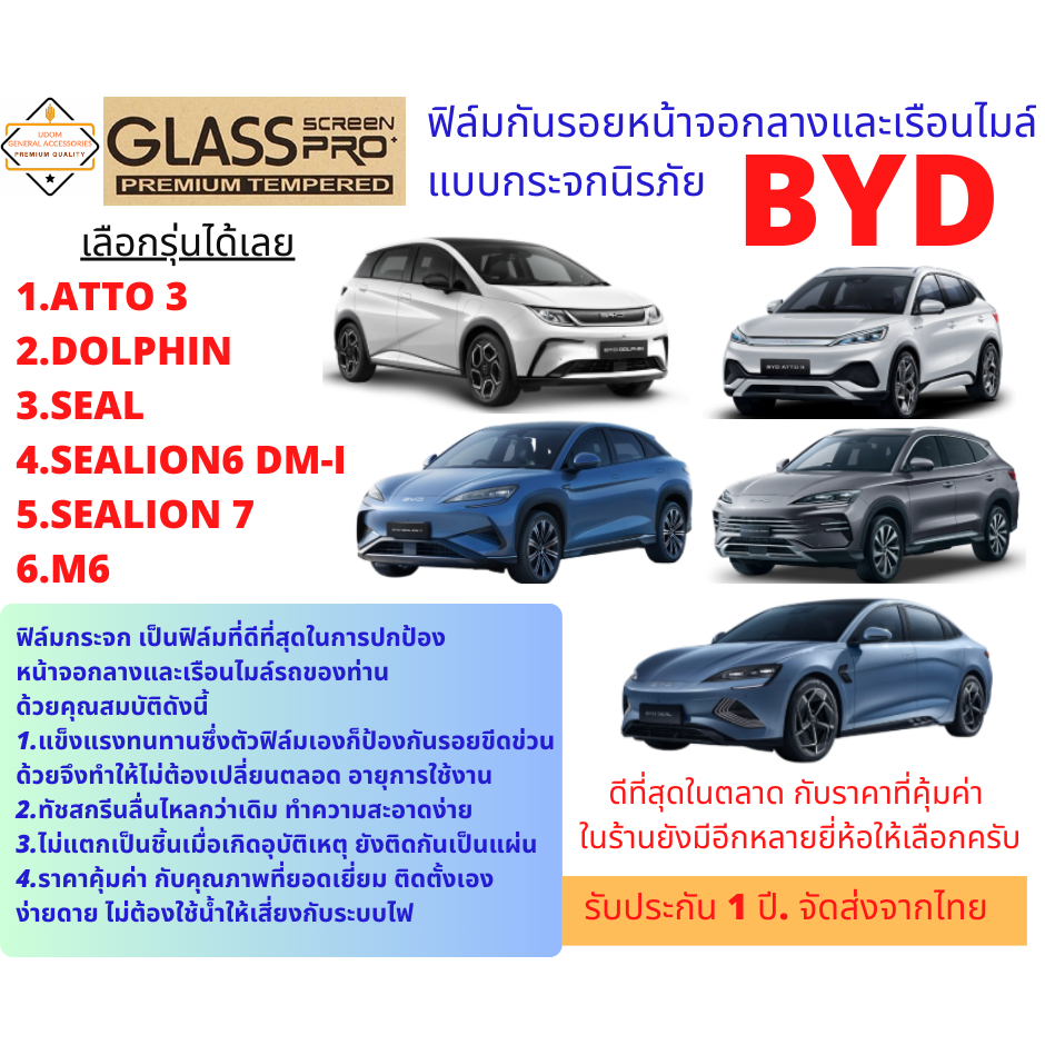 ฟิล์มกันรอยหน้าจอกลางและเรือนไมล์แบบกระจกนิรภัย สำหรับ BYD ทุุกรุ่น 2 จอ และ 1 จอ