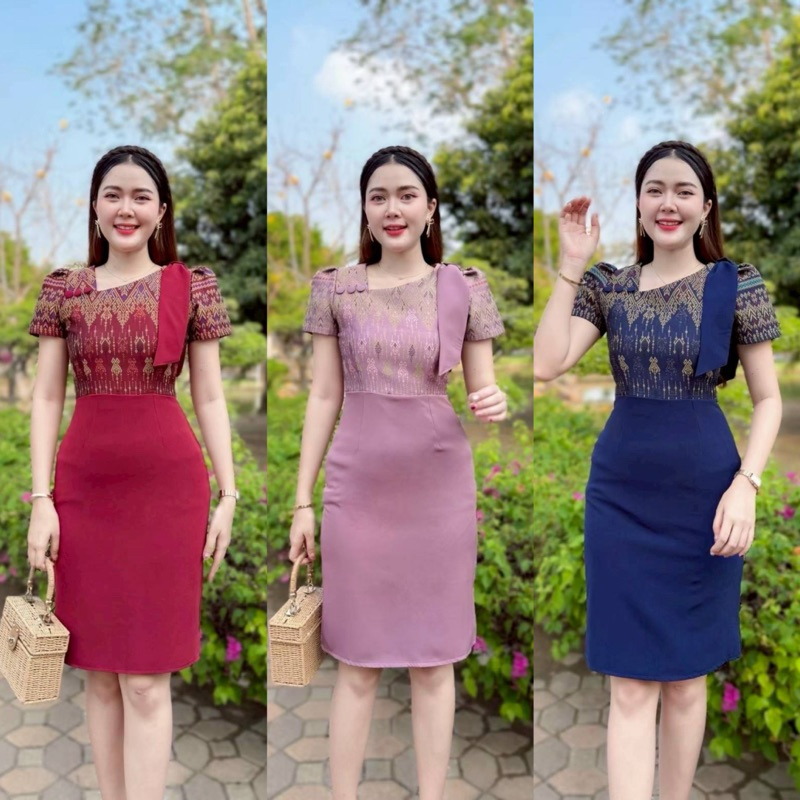 ชุดเดรสผ้าทอลายทรงสอบแต่งโบว์ที่ไหล่สวยเก๋