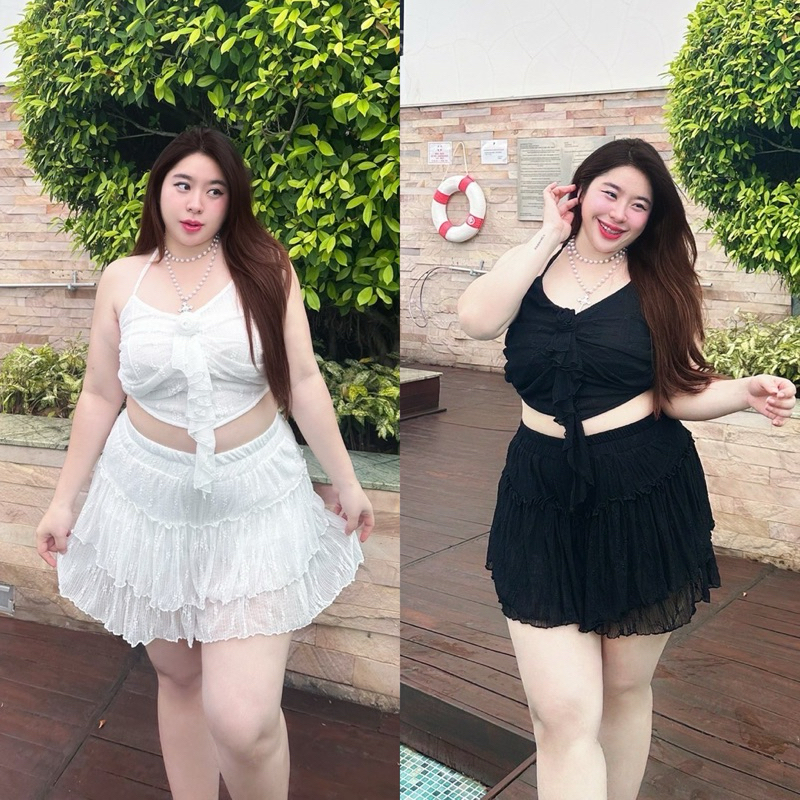 /BP/ชุดเซ็ตสาวอวบ เสื้อคล้องคอแต่งดอกไม้ ระบายหน้า +กระโปรงระบาย2ชั้น ผ้าลูกไม้ น่ารัก คุณหนู #เสื้อ