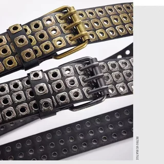 เข็มขัดแฟชั่นวินเทจ สาย PU สไตล์พังค์ ประดับหมุด Punk rock style belt