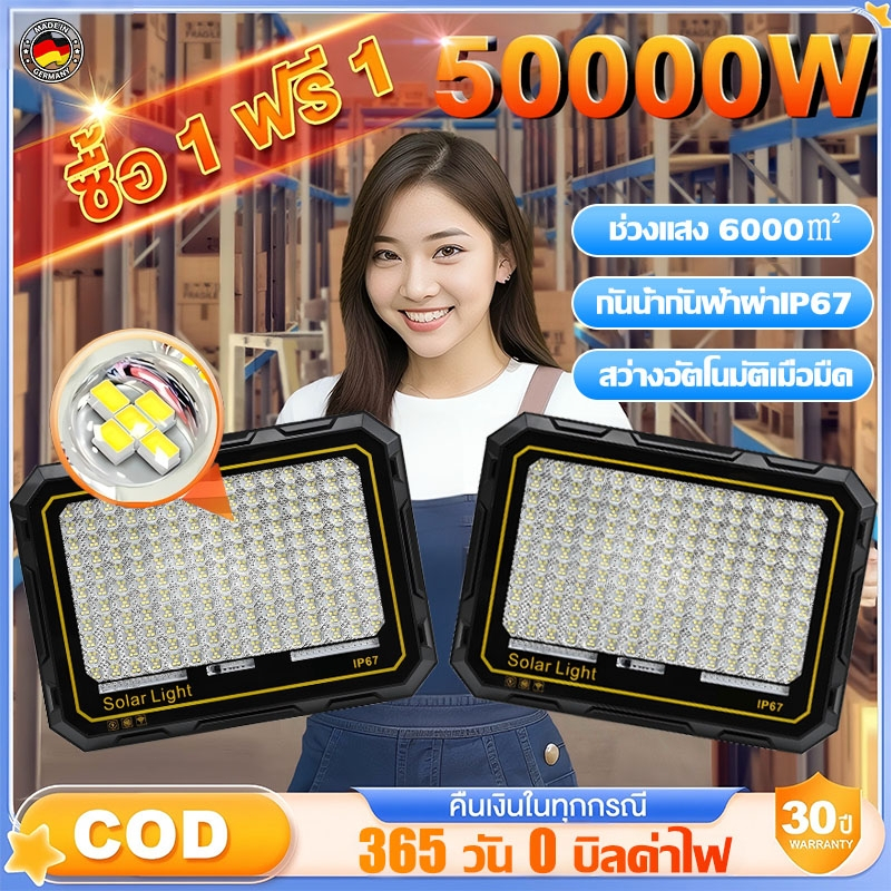 【รับประกัน30ปี】ไฟโซล่าเซลล์ ไฟสปอร์ตไลท์ 50000W 0ค่าไฟทั้งปี แหล่งแสงสูง กันน้ำกันฟ้าผ่าIP67 คุมแสงอัจฉริยะะ Solar Light