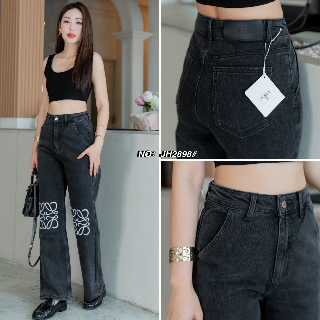 2898#สีดำ กางเกงยีนส์ขากระบอก - รูปที่ 3