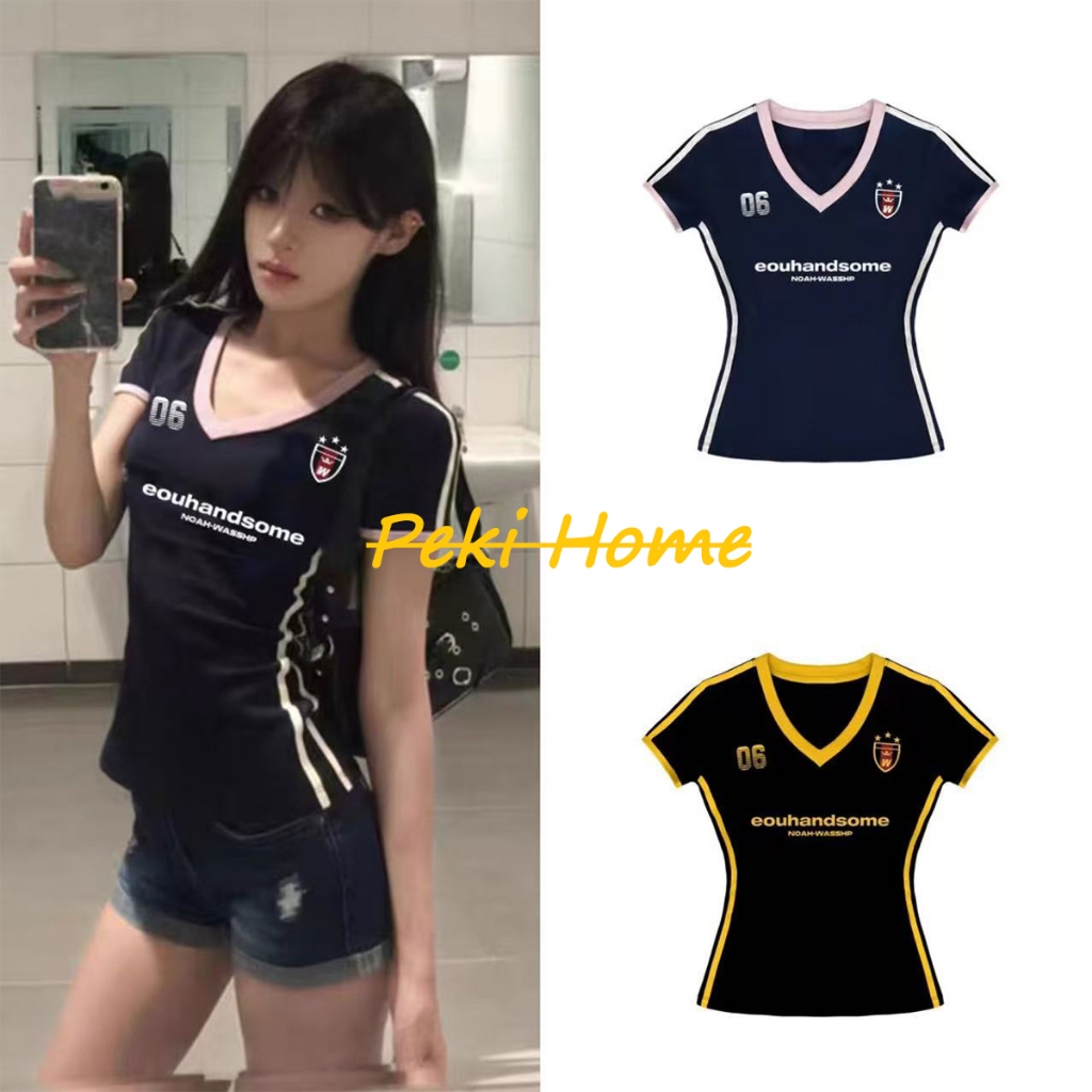 เสื้อยืดแขนสั้นคอวี สีสันตัดกัน สไตล์ย้อนยุคสำหรับสาวๆ