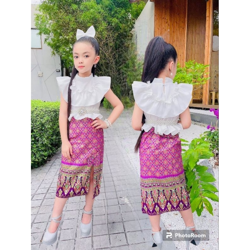ชุดไทยประยุกต์เด็กผู้หญิง เสื้อคอจีนระบายแขนกุด กระโปรงยาว #k